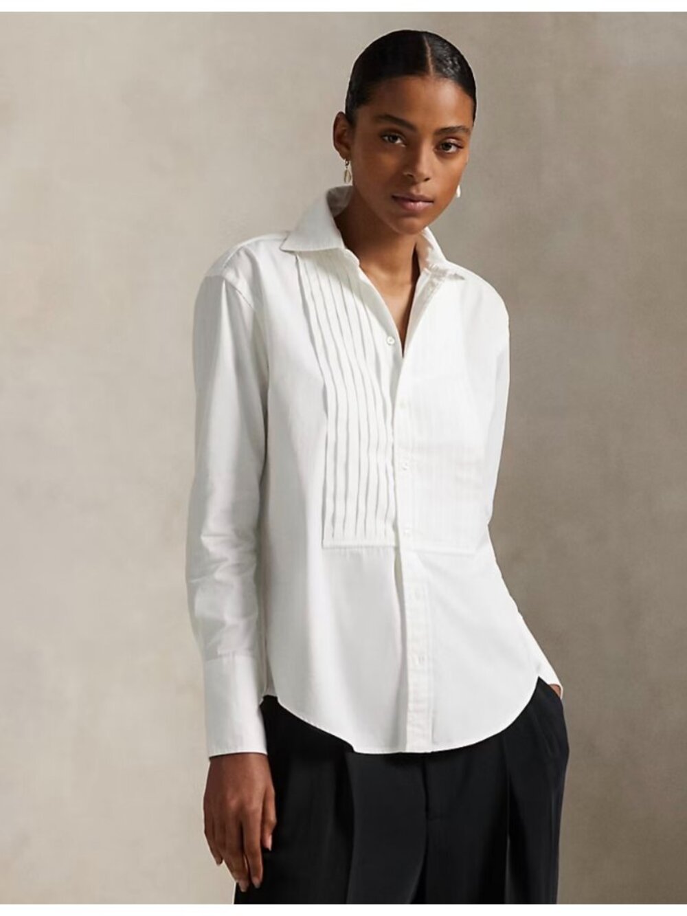 Lauren Ralph Lauren Womens M White Cotton Tuxedo Pleated Front Button-Up Shirt